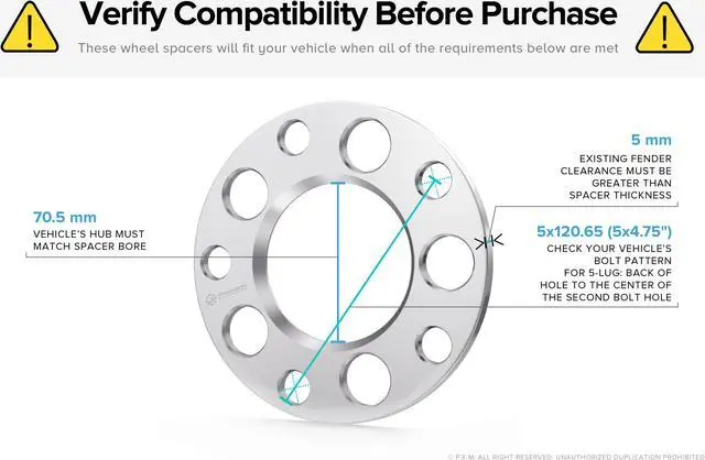 Alt view image 3 of 7 - 5mm Hubcentric 5x4.75 Wheel Spacers (70.5mm Bore) Compatible with Buick Cadillac XLR Chevrolet Blazer Corvette Camaro GMC S15 Pontiac GTO Tans Am Phoenix Trans Sport 5x120 5x120.65 2pcs