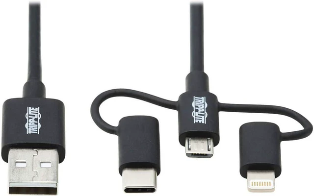 Main image of TRIPP LITE 3 in 1 Multi Charging USB Cable, USB-A to Lightning, USB Micro B, and USB-C Universal All in One Charger Cable, Sync and Charge Cord, 6 ft. (M101-006-LMC-BK)