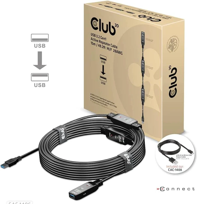 Alt view image 2 of 7 - Club3D USB-A 3.2 Gen1 Active Repeater Cable 15m/49.2ft M/F 28AWG Black