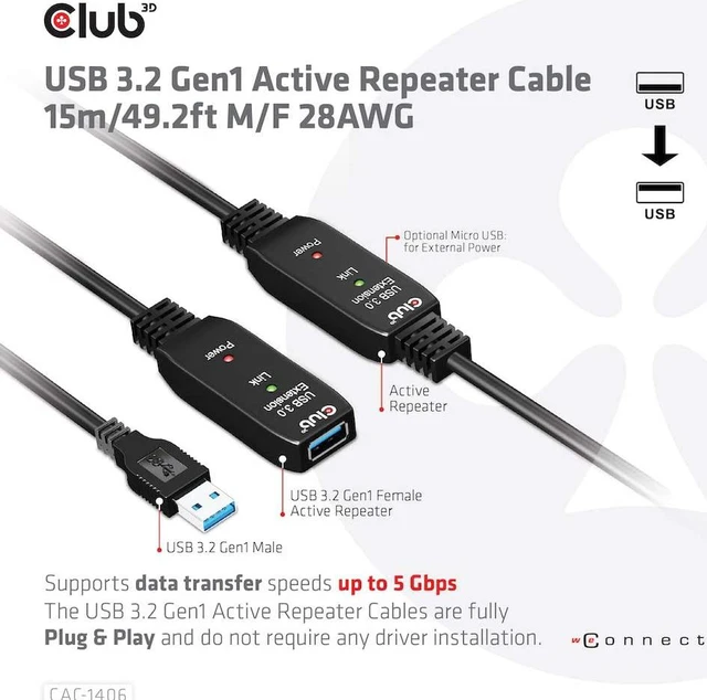 Alt view image 4 of 7 - Club3D USB-A 3.2 Gen1 Active Repeater Cable 15m/49.2ft M/F 28AWG Black