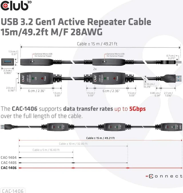 Alt view image 5 of 7 - Club3D USB-A 3.2 Gen1 Active Repeater Cable 15m/49.2ft M/F 28AWG Black
