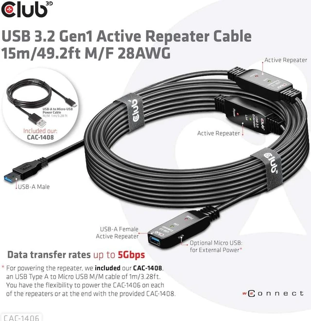 Alt view image 7 of 7 - Club3D USB-A 3.2 Gen1 Active Repeater Cable 15m/49.2ft M/F 28AWG Black