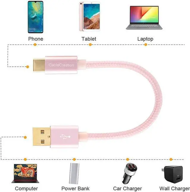 Alt view image 5 of 7 - USB C to USB Cable Short 6 inch CableCreation Durable USB C to USB A Short USB C Cable Fast Charging 3A 480Mbps Data USB A to USB C for Power Bank Stylus Pen S21 S20 Pixel GoPro Hero 0.15m Rose Gold