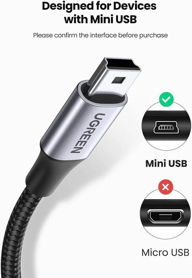 Alt view image 2 of 7 - UGREEN Mini USB Cable, 2 Pack (3.3 FT +3.3 FT) USB 2.0 Cable Nylon Braided USB Mini B Charging Cord Compatible with GoPro Hero 3+, PS3 Controller, Digital Camer, Dash Cam, MP3 Player, Garmin Nuvi GPS