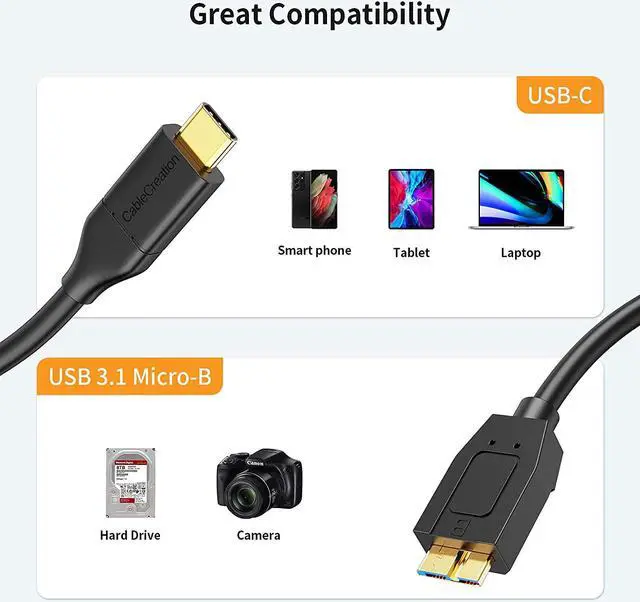 Alt view image 5 of 7 - CableCreation USB C Hard Drive Cable 4FT, USB 3.1 C to Micro B Cable 10Gbps USB C to Hard Drive Cable Compatible with MacBook Pro Air Galaxy S5 My Passport Elements etc, 1.2m Black
