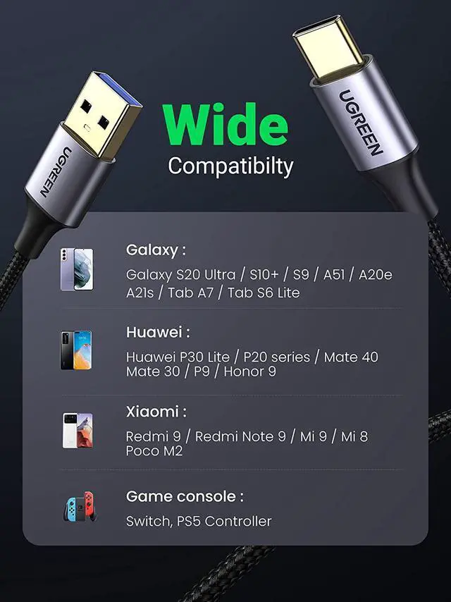 Alt view image 4 of 7 - UGREEN USB C Cable 3.0 Fast Charging - USB A to USB C Cable 5Gbps Fast Data Transfer Nylon Braided Type C Charger Cord Compatible with Galaxy S21 S20 Note 20 LG V30 G6 iPad Mini 6 PS5 Switch 6FT