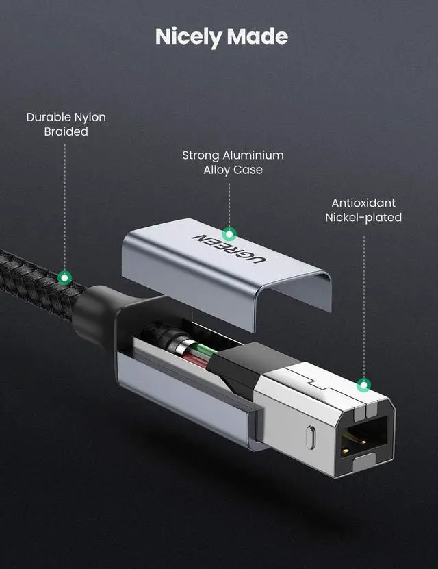 Alt view image 5 of 7 - UGREEN USB C to USB B 2.0 Printer Cable Braided Printer Scanner Cord Compatible with Epson, MacBook Pro, HP, Canon, Brother, Samsung Printers and More 3FT
