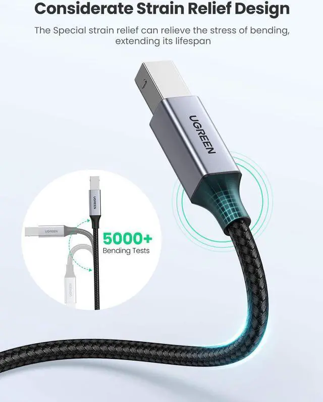 Alt view image 6 of 7 - UGREEN USB C to USB B 2.0 Printer Cable Braided Printer Scanner Cord Compatible with Epson, MacBook Pro, HP, Canon, Brother, Samsung Printers and More 3FT