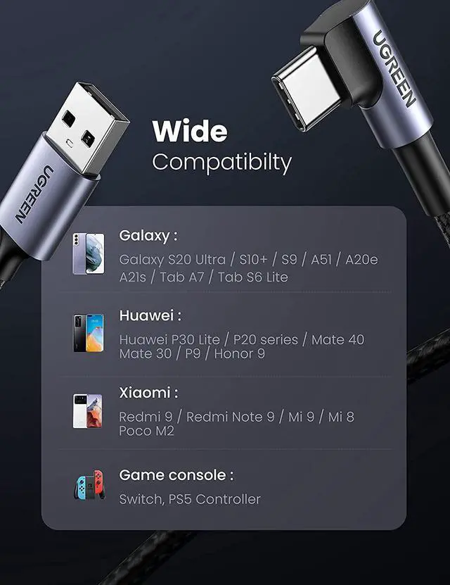 Alt view image 6 of 7 - UGREEN USB C Charging Cable - 2 Pack 6FT Right Angle 3A Fast Charge QC3.0 USB A to USB C Cable 90 Degree Nylon Braided Cord Compatible with Galaxy S21 Note 20 Z Flip Z Fold iPad Mini 6 Pixel 6 Switch