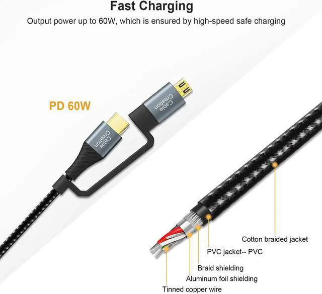 Alt view image 2 of 7 - USB C Charging Cable,CableCreation 4 in 1 Multi Charging Cable, PD 60W Micro USB/Type C 480Mpbs Data Transfer Fast Charging, Compatible with MacBook Pro, iPad, Galaxy, Camera and More, Black,6.6FT
