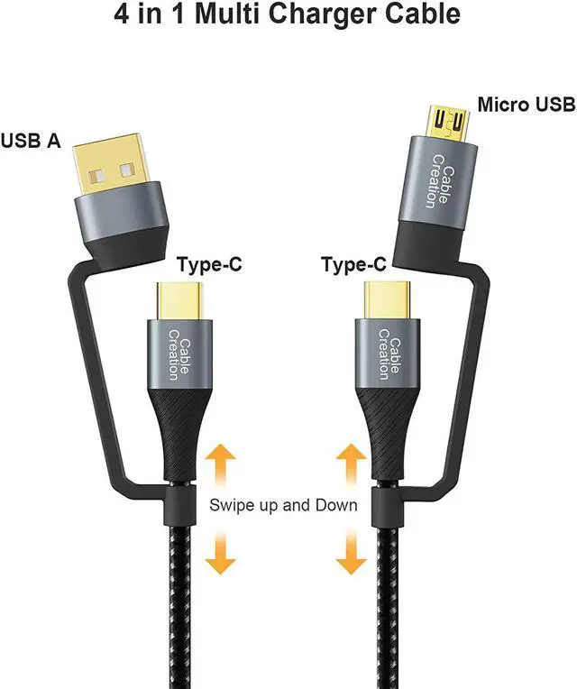 Alt view image 3 of 7 - USB C Charging Cable,CableCreation 4 in 1 Multi Charging Cable, PD 60W Micro USB/Type C 480Mpbs Data Transfer Fast Charging, Compatible with MacBook Pro, iPad, Galaxy, Camera and More, Black,6.6FT