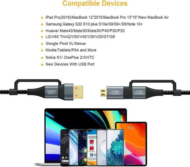 Alt view image 7 of 7 - USB C Charging Cable,CableCreation 4 in 1 Multi Charging Cable, PD 60W Micro USB/Type C 480Mpbs Data Transfer Fast Charging, Compatible with MacBook Pro, iPad, Galaxy, Camera and More, Black,6.6FT