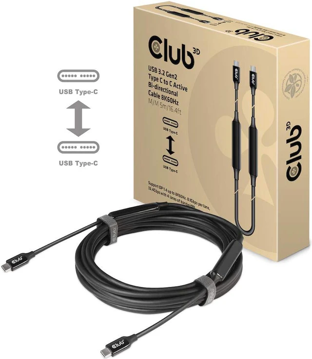 Alt view image 2 of 7 - Club 3D USB Type-C Gen3x2 Bi-Directional Cable for 10Gbps Data 8K60Hz Video 60W PowerDelivery M-M 5m -16.4ft, CAC-1535