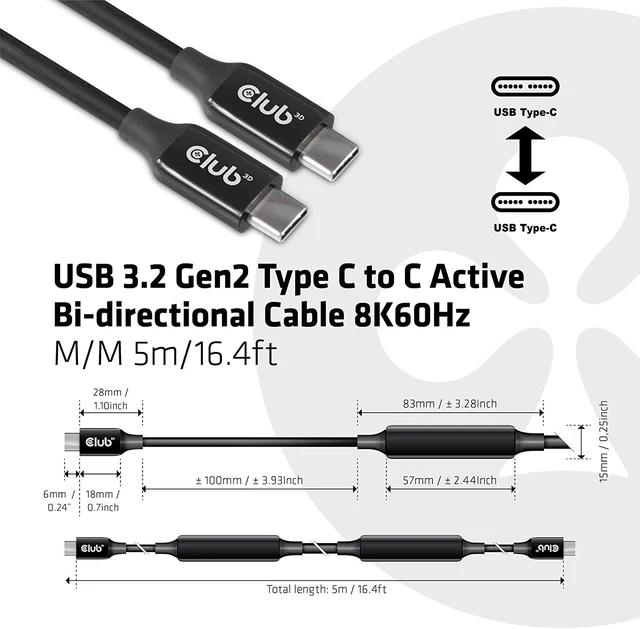 Alt view image 3 of 7 - Club 3D USB Type-C Gen3x2 Bi-Directional Cable for 10Gbps Data 8K60Hz Video 60W PowerDelivery M-M 5m -16.4ft, CAC-1535