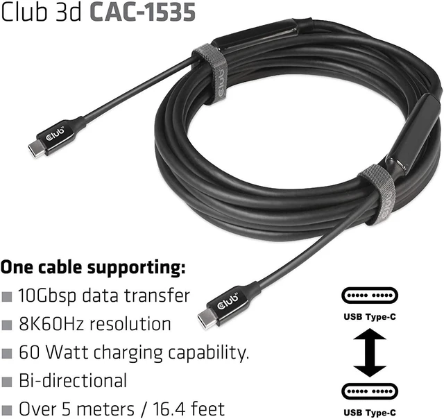 Alt view image 4 of 7 - Club 3D USB Type-C Gen3x2 Bi-Directional Cable for 10Gbps Data 8K60Hz Video 60W PowerDelivery M-M 5m -16.4ft, CAC-1535