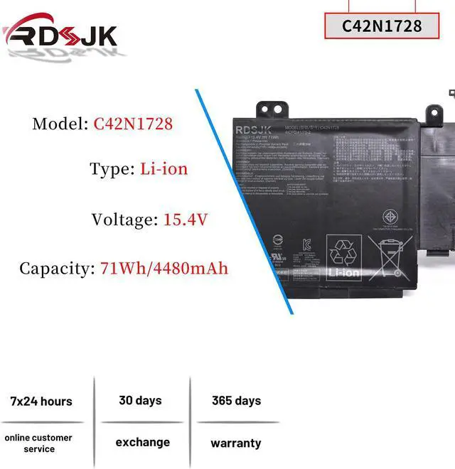 Alt view image 2 of 7 - C42N1728 Laptop Battery for Asus Zenbook Pro 15 U5500 UX550GE UX550GEX UX550GD UX550GDX UX580G UX580GD UX580GDX UX580GE UX580GEX UX550GDX-1C UX550GE-BN025T 0B200-02520100 0B200-02520200 15.4V 71Wh