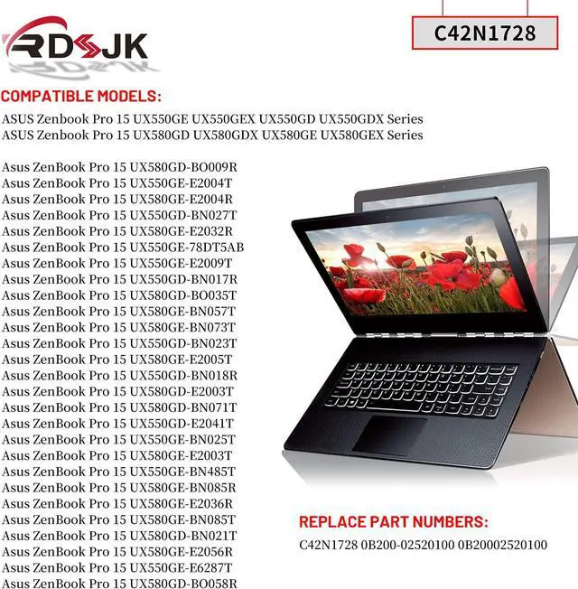 Alt view image 3 of 7 - C42N1728 Laptop Battery for Asus Zenbook Pro 15 U5500 UX550GE UX550GEX UX550GD UX550GDX UX580G UX580GD UX580GDX UX580GE UX580GEX UX550GDX-1C UX550GE-BN025T 0B200-02520100 0B200-02520200 15.4V 71Wh