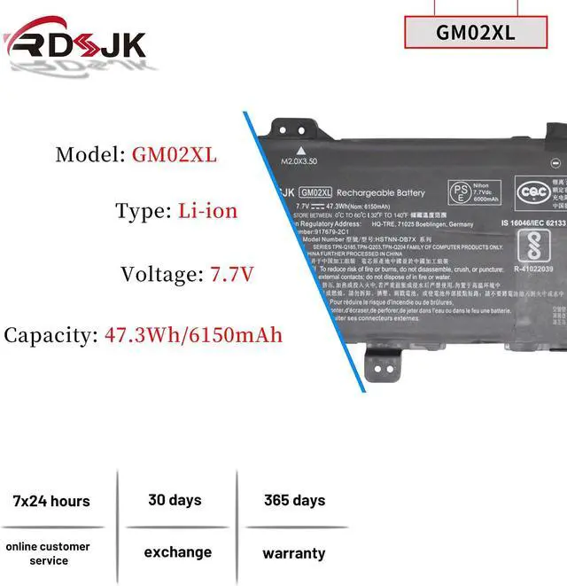 Alt view image 2 of 7 - GM02XL Laptop Battery for HP Chromebook 14 G5 11 G6 G7 EE Chromebook X360 11 G1 G2 G3 X360 11 G1 EE 11-AE 11A G6 EE Series HSTNN-DB7X 917679-2C1 917679-271 917725-855 HSTNN-UB7M L42550-541 7.7V 47.3Wh