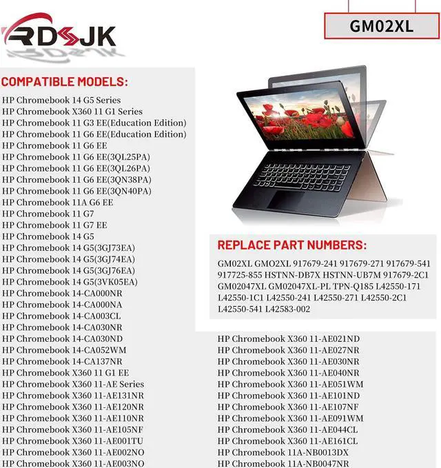 Alt view image 3 of 7 - GM02XL Laptop Battery for HP Chromebook 14 G5 11 G6 G7 EE Chromebook X360 11 G1 G2 G3 X360 11 G1 EE 11-AE 11A G6 EE Series HSTNN-DB7X 917679-2C1 917679-271 917725-855 HSTNN-UB7M L42550-541 7.7V 47.3Wh