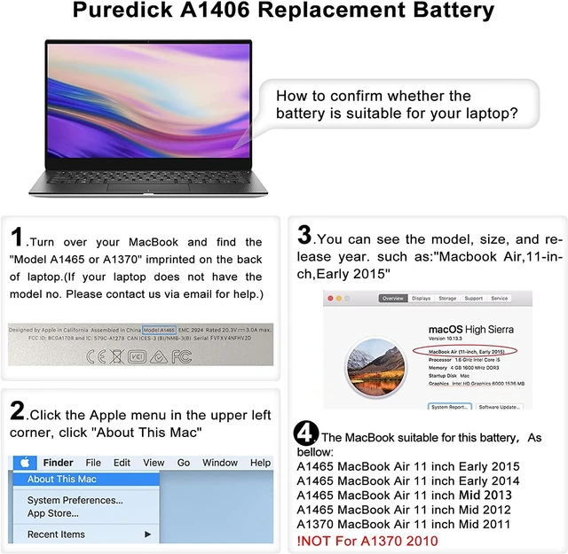 Alt view image 2 of 7 - A1406 A1465 Battery, Puredick Replacement Battery for MacBook Air 11 inch A1465 (2012-2015 Version) and A1370 (Mid 2011 Version) - High-Performance and Longevity