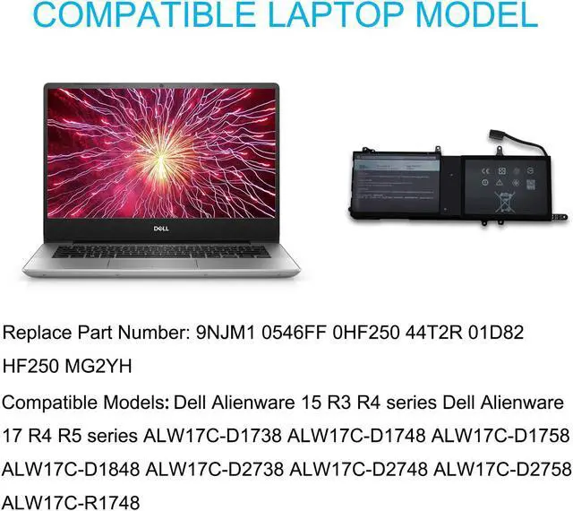 Alt view image 6 of 7 - 9NJM1 0546FF 0HF250 44T2R HF250 MG2YH New 14.4V 99Wh Laptop Notebook Battery Compatible with DELL Alienware 17 R4 ALW17C-D2738 ALW17C-D1738 ALW17C-D2758 ALW17C-D2748