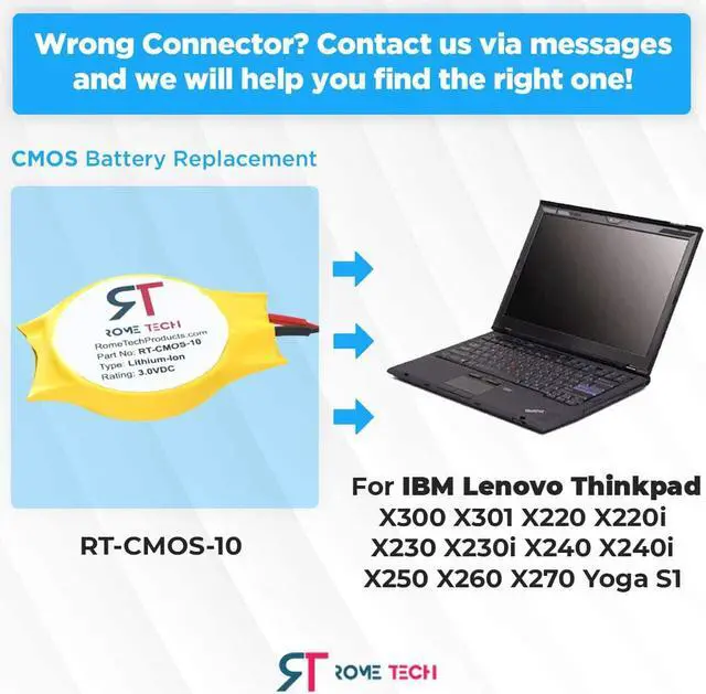 Alt view image 2 of 6 - Rome Tech CMOS Battery for IBM Lenovo Thinkpad X270 X230 X300 X301 X230i X240 X240i X250 X260 Yoga S1 - Laptop Backup BIOS RTC 3V CR1632 Battery with 2 Wire Cable
