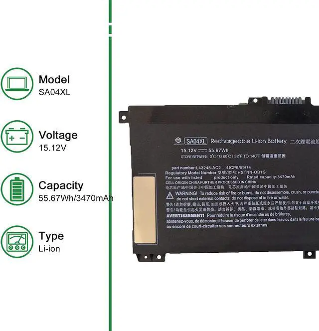 Alt view image 2 of 6 - JIAZIJIA SA04XL L43267-005 HSTNN-OB1G L43248-AC2 Battery for Hp Envy X360 15-DR0010TX Series HSTNN-LB8O 824561-001 L43248-421 HSTNN-UB7U L43248-541 15.12V 55.67Wh 3470mAh