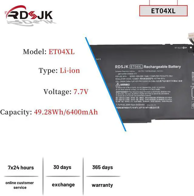 Alt view image 2 of 7 - ET04XL Laptop Battery for HP EliteBook X360 1020 G2 Series ET04049XL 915030-1C1 915030-171 915191-855 HSTNN-IB7U HSN-I09C 7.7V 49.28Wh