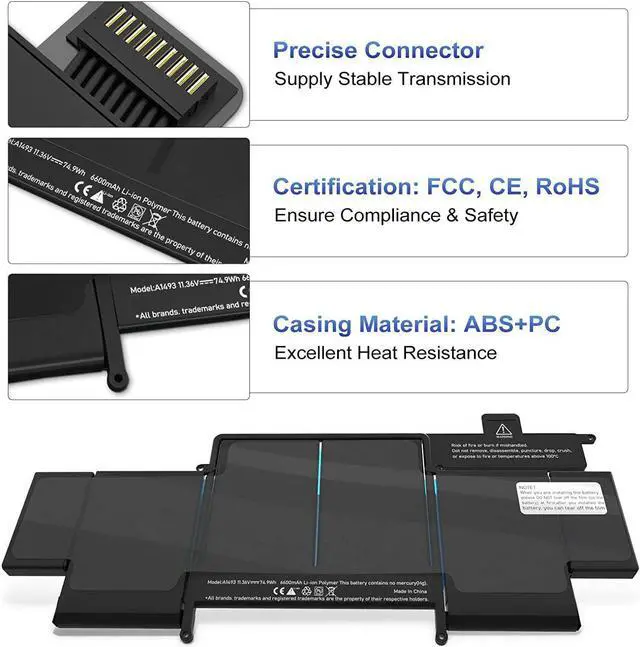 Alt view image 2 of 7 - A1502 Battery Replacement for MacBook Pro (Retina,13-inch, Early 2015/Mid 2014/Late 2013) A1582 A1493 Battery for MacBook Pro A1502 [11.36V 6600mAh 74.97Wh]