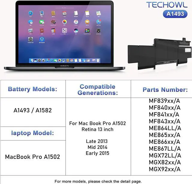 Alt view image 5 of 7 - A1502 Battery Replacement for MacBook Pro (Retina,13-inch, Early 2015/Mid 2014/Late 2013) A1582 A1493 Battery for MacBook Pro A1502 [11.36V 6600mAh 74.97Wh]