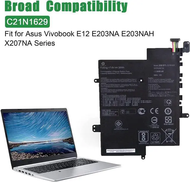 Alt view image 4 of 5 - JIAZIJIA C21N1629 Laptop Battery Replacement for Asus Vivobook E12 E203NA E203NAH X207NA Series Notebook C21PQ91 7.6V 38Wh 5000mAh