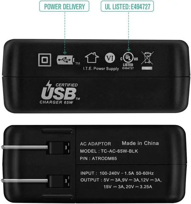Alt view image 5 of 7 - USB Type C Wall Charger, Nekteck 65W MacBook Pro Charger with Power Delivery, USB-IF Certified, 6FT USB C Cable Compatible with HP Spectre, Dell XPS, Matebook, Pixel, Galaxy, iPhone 11 Pro
