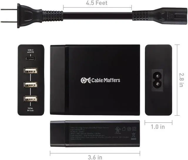 Alt view image 4 of 7 - Cable Matters 72W 4-Port USB C Charger (USB C Wall Charger) with 60W Power Delivery for Laptops, Tablets, and Smartphones in Black