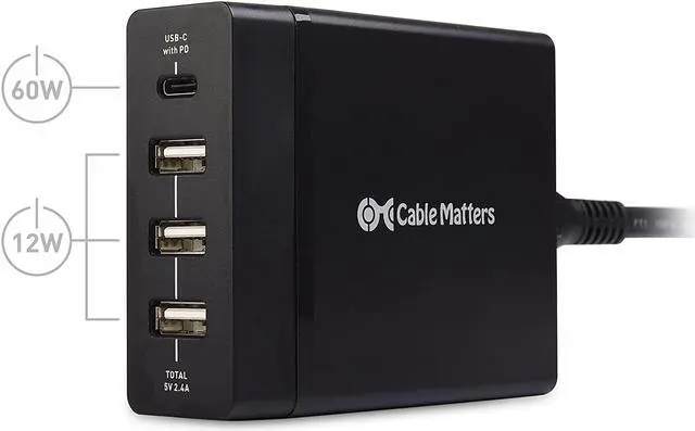 Alt view image 6 of 7 - Cable Matters 72W 4-Port USB C Charger (USB C Wall Charger) with 60W Power Delivery for Laptops, Tablets, and Smartphones in Black