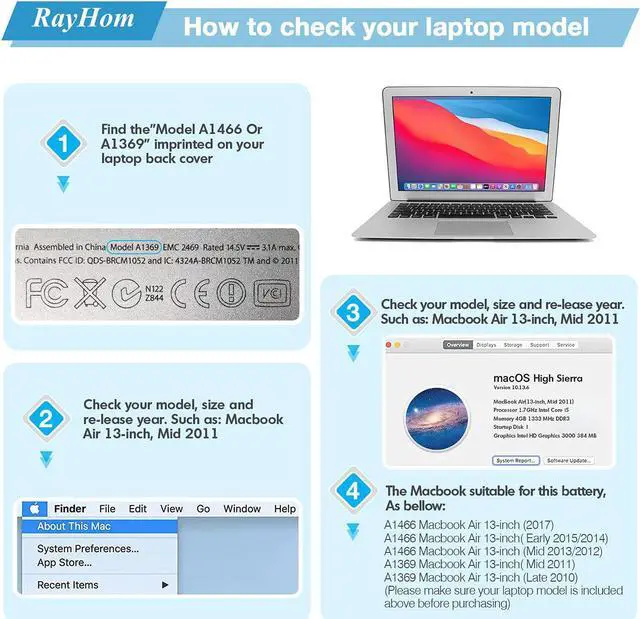 Alt view image 2 of 6 - RayHom A1466 Laptop Replacement Battery for MacBook Air 13 inch A1466 (Mid 2012,Mid 2013,Early 2014, Early 2015,2017) A1369(Late 2010,Mid 2011 Version) 7200mAh, fits A1496 A1405 A1377