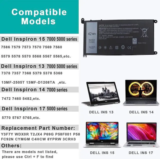 Alt view image 2 of 7 - 42WH WDX0R Battery for Dell Inspiron 15 5000 7000 Series 15 7579 7573 7560 7569 7570 5565 5567 5568 5570 5578 5579 7586 13 7368 7378 5368 5378 5379 17 5765 5767 5775 Latitude 3189 3580 P66F P58F P32E