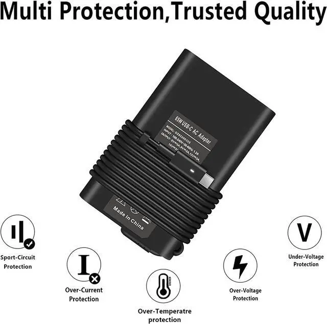 Alt view image 4 of 7 - 65W Type-C Charger Laptop Power Cord for Dell XPS 12 13 9350 9360 9365 9370 9380,Latitude 12 5285 5290 7275 7280,Inspiron 5310 5510 AC Adapter