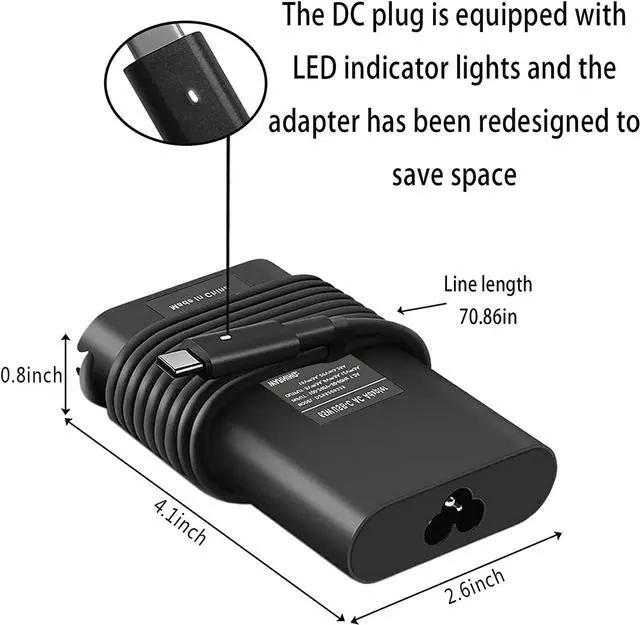 Alt view image 6 of 7 - 65W Type-C Charger Laptop Power Cord for Dell XPS 12 13 9350 9360 9365 9370 9380,Latitude 12 5285 5290 7275 7280,Inspiron 5310 5510 AC Adapter