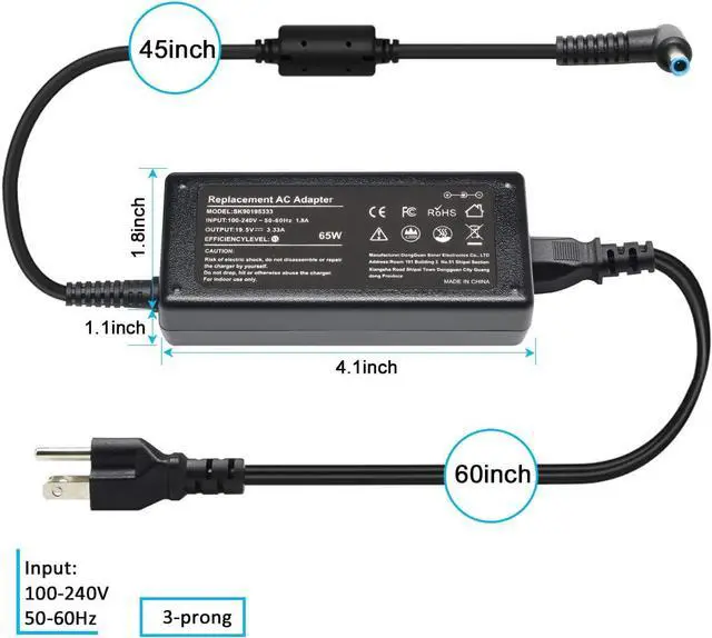 Alt view image 6 of 7 - 65W Laptop Charger Adapter Replace for HP EliteBook 820 840 850 725 745 755 G3 G4 G5 X360 ProBook 640 650 G2 430 440 450 455 G3 G4 Folio 1040 1030 1020 G1 G2 G3 15-u010dx 15-u011dx Power Cord