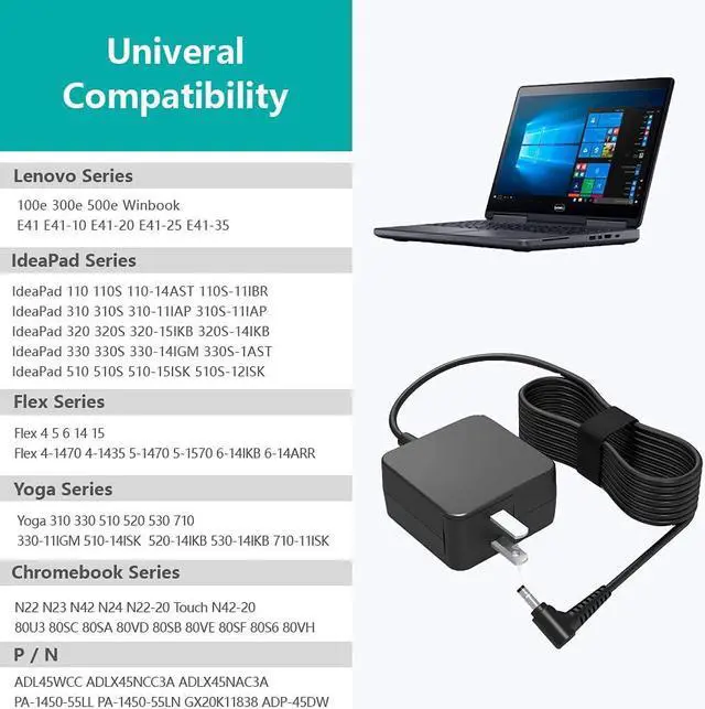 Alt view image 4 of 5 - 45W-Laptop-Charger Fit for Lenovo-Ideapad-Model-ADL45WCC PA-1450-55LL ADP-45DW B ADL45WCH ADL45WCG PA-1450-55LZ AC Power Adapter Supply Cord