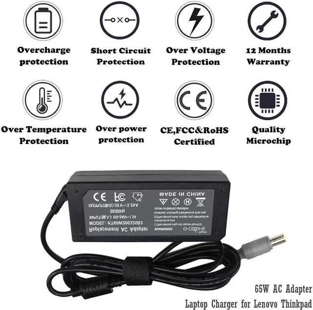 Alt view image 2 of 6 - 20V 3.25A 65W Adapter for Lenovo Thinkpad T400 T410 T420 T420S T430 T430s T430u T500 T510 T520 X120e X130e X131e X140e X200 X201 X220 X220T X230 E520 E530 E535 SL500 SL510 T430u T520 Laptop Charger