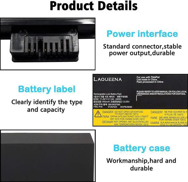 Alt view image 5 of 6 - Laqueena SB10K97580 01AV422 01AV423 Laptop Battery Compatible with Lenovo ThinkPad A475 A485 T470 T570 T480 T580 P51S P52S TP25 Series 01AV424 01AV452 01AV490 SB10K97579 SB10K97597 61 11.4V 24WH