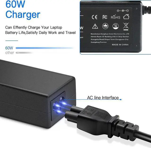 Alt view image 5 of 7 - AC Adapter for Samsung 19V 3.15A 60W Compatible with Samsung AD-6019R 0335A1960 CPA09-004A Laptop Charger with 3-Prong Power Cord