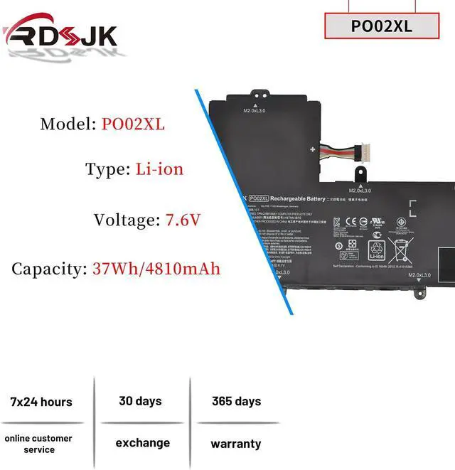 Alt view image 2 of 7 - PO02XL Laptop Battery for HP Stream 11-R 11-R014WM 11-R010NR 11-Y 11-AH 11-AK 11-AH011WM Series P002XL 823908-1C1 824560-005 824536-850 HSTNN-IB7G HSTNN-DB7G TPN-Q166 823908-2C1 PO02037XL-PL 7.6V 37Wh