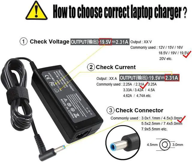 Alt view image 2 of 7 - 19.5V 2.31A 45W AC Adapter Charger Compatible with HP Pavilion x360 x2 11 13 15 M1 TouchSmart, Envy x360 x2 13 15 M6, Stream 11 13 14, 15-f 15-f272wm 15-f387wm 15-f233wm 15-bw 15-bs 15-a 15-d 15-g