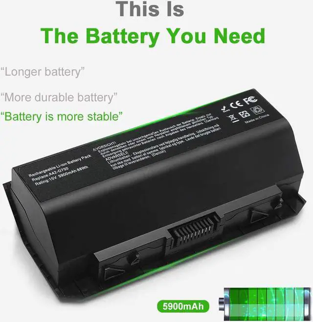 Alt view image 2 of 7 - 8-Cell A42-G750 Laptop Battery for ASUS G750 G750J G750JH G750JM G750JS G750JW G750JX G750JZ G750Y47 X551M JX-BL, ROG GX800VH G752 Series 0B110-00200000M, 15V 88WH -12 Months Warranty