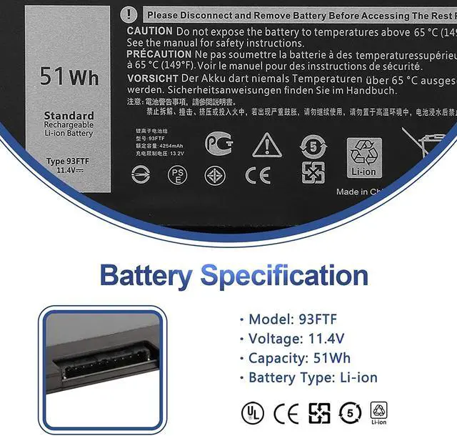 Alt view image 2 of 7 - ANTIEE 51Wh 93FTF Laptop Battery Replacement for Dell Latitude 5280 5480 5580 5590 5490 5288 5290 5488 E5280 E5480 E5580 E5490 E5590 E5290 Precision 15 3520 3530 Series D4CMT 4YFVG 83XPC 083XPC