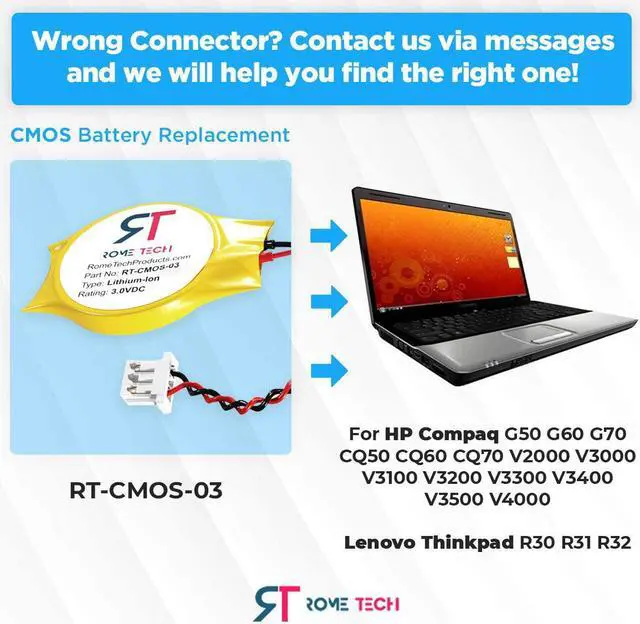 Alt view image 2 of 6 - Rome Tech CMOS Battery for HP Compaq Presario CQ60 G60 G70 CQ50 CQ70 G62 G50 V2000 - Laptop Backup BIOS RTC 3V CR2032 Battery with 2 Wires/Cable