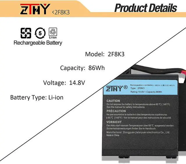 Alt view image 3 of 7 - ZTHY 2F8K3 Battery Replacement for Dell Alienware 17 R1 17X M17X-R5 Alienware 18 R1 18X M18X-R3 Series Gaming Laptop 02F8K3 KJ2PX 0KJ2PX G33TT 0G33TT 0NU209 451-BBCB 14.8V 86Wh 5700mAh