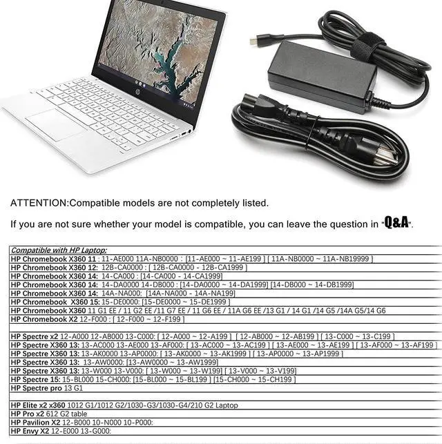 Alt view image 3 of 6 - 45W 65W Type C ?????? ?? ???????????????????? ?????????????? SM45CL SM65CL-01 ?SK90200325 for HP Chromebook X360 Laptop/ Thinkpad/Yoga  Chromebook 3100    Google Power Cord